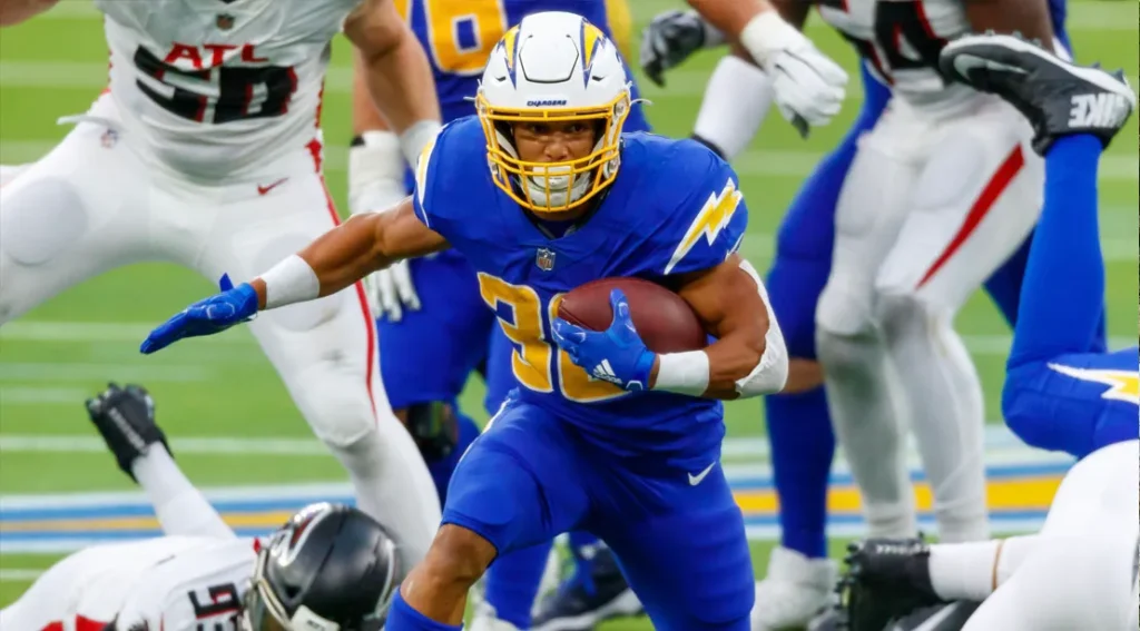 NFL-Football-Player-Austin-Ekeler-and-running-back-for-the-Los-Angeles-Chargers-playing-football-against-the-Atlanta-Falcons