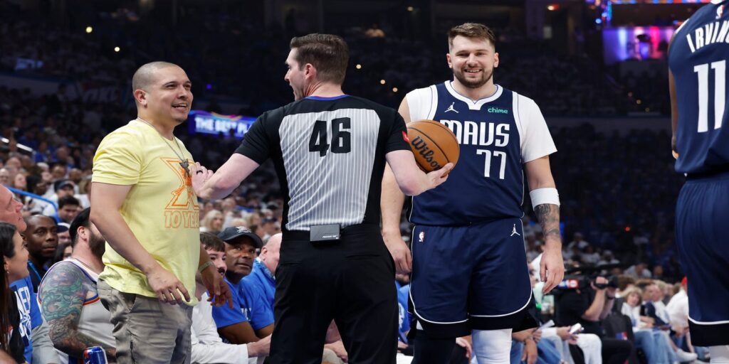 Thunder supporter receives caution following interaction with Mavericks’ Kyrie Irving.